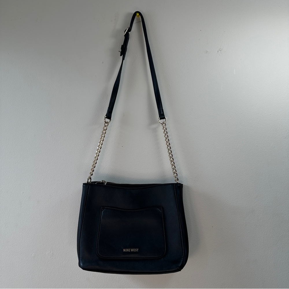 Nine West Kensington Crossbody Bag Black Vegan Leather Chain Strap Purse Medium